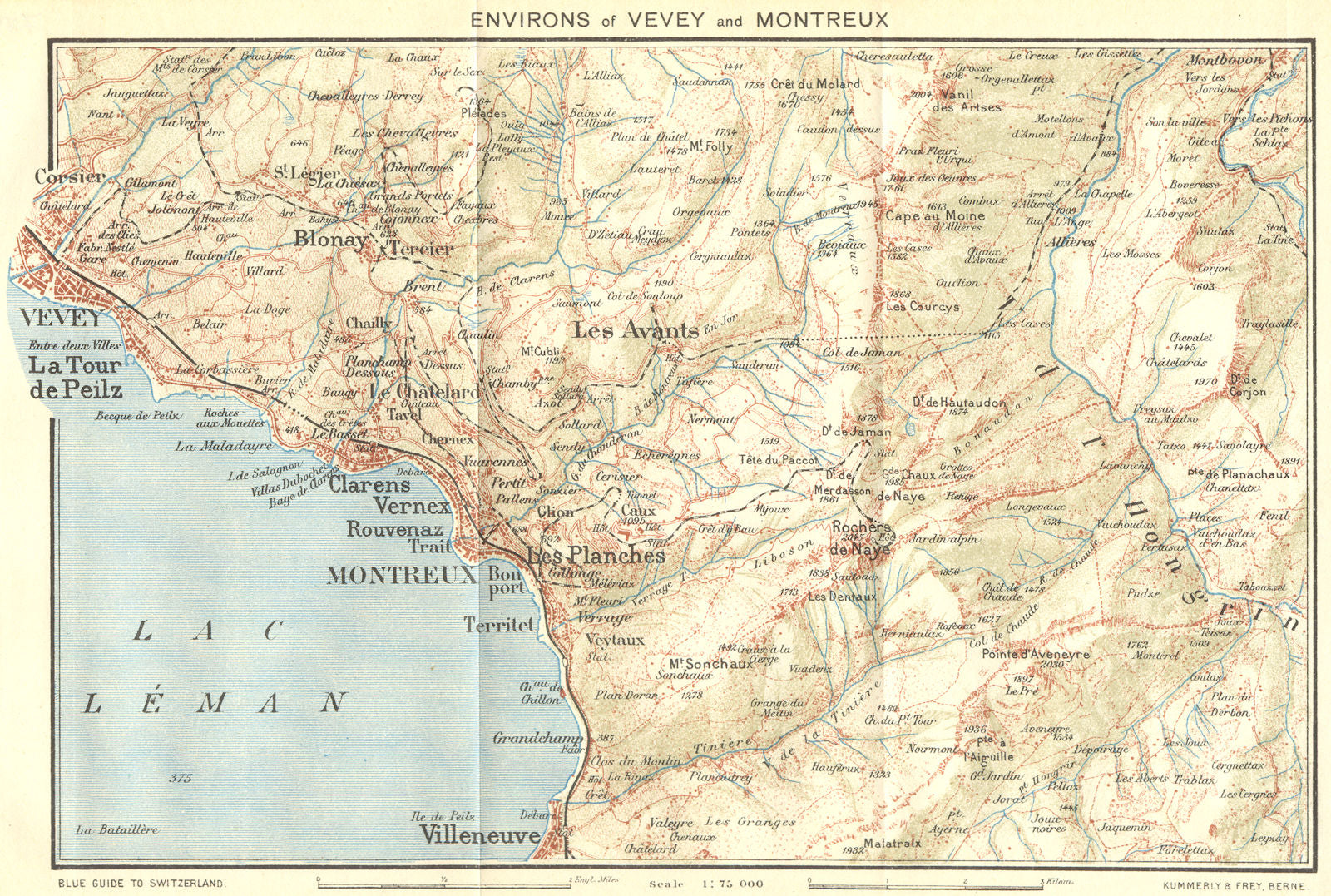 SWITZERLAND. Area of Vevey & Montreux 1923 old antique vintage map plan chart